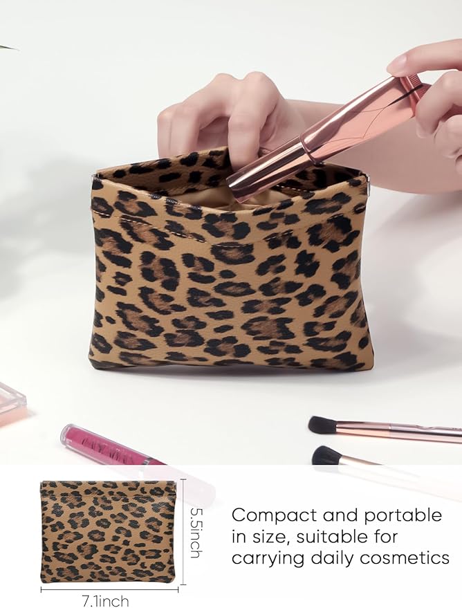 Ksriylm Leopard Leather Small Makeup Pouch for Women,Cosmetic Accessories Organizer,Waterproof and Portable Cosmetic Bag,Self-closing, No Zipper, Aesthetic Storage Pouch,Lipstick for Purse,Brown