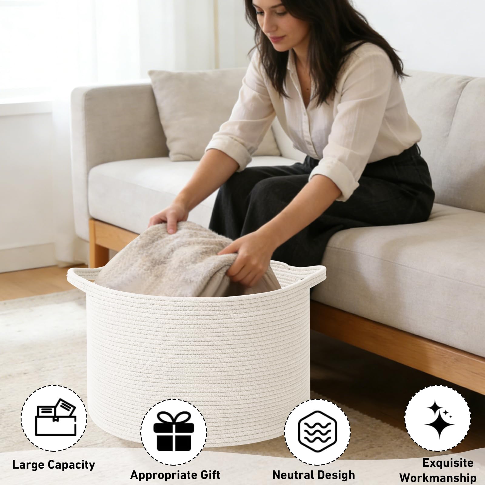 HZFTJOY 115L Extra Large Woven Cotton Rope Blanket Basket-White