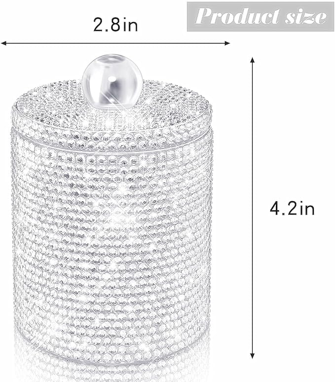 Yivaiks Bling Qtip Dispenser for Cotton Swabs, Balls, Pads, Floss Picks- Small Plastic Canister Apothecary Jar,Bathroom Essentials Accessories Decor, Vanity Makeup Qtip Holder Storage Organizer