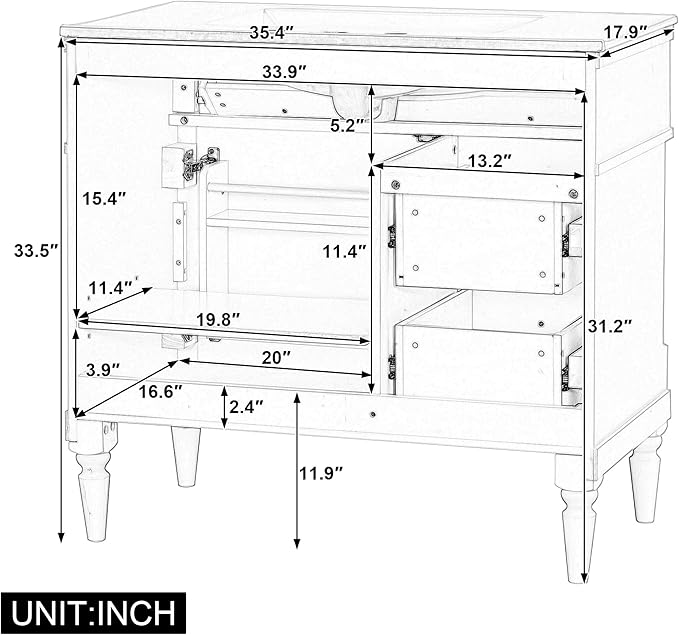 Harper & Bright Designs 36" Bathroom Vanity with Sink, Free Standing Bathroom Vanity Set with Flip Drawer, 2 Drawers, and Adjustable Shelf, Wood Storage Cabinet with Ceramic Basin for Bathroom, White