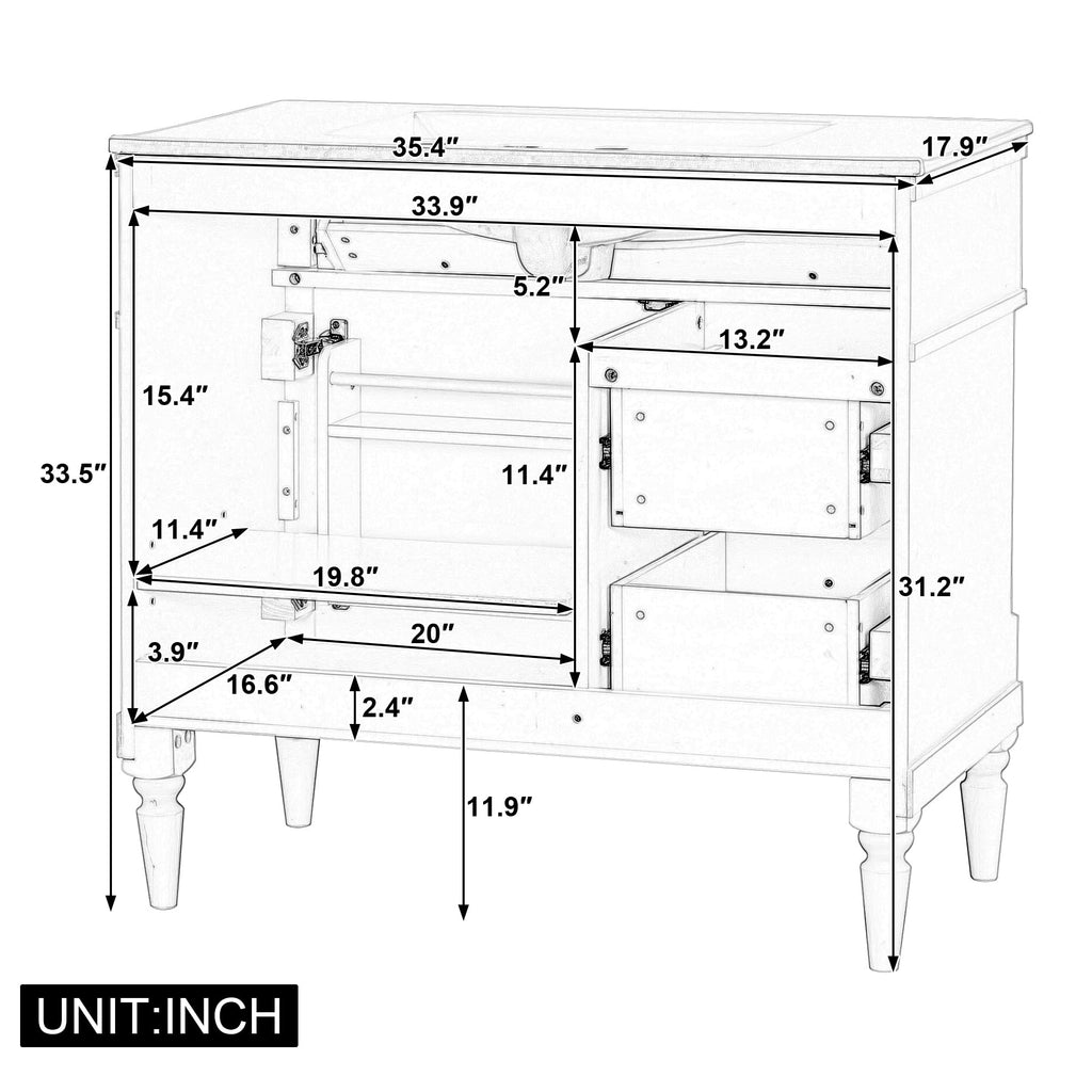 Harper & Bright Designs 36" Bathroom Vanity with Sink, Free Standing Bathroom Vanity Set with Flip Drawer, 2 Drawers, and Adjustable Shelf, Wood Storage Cabinet with Ceramic Basin for Bathroom, White