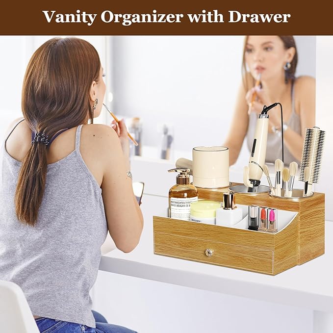 GFWARE Hot Hair Styling Tool Organizer with Drawer & 3 Cooling Cups, Wood
