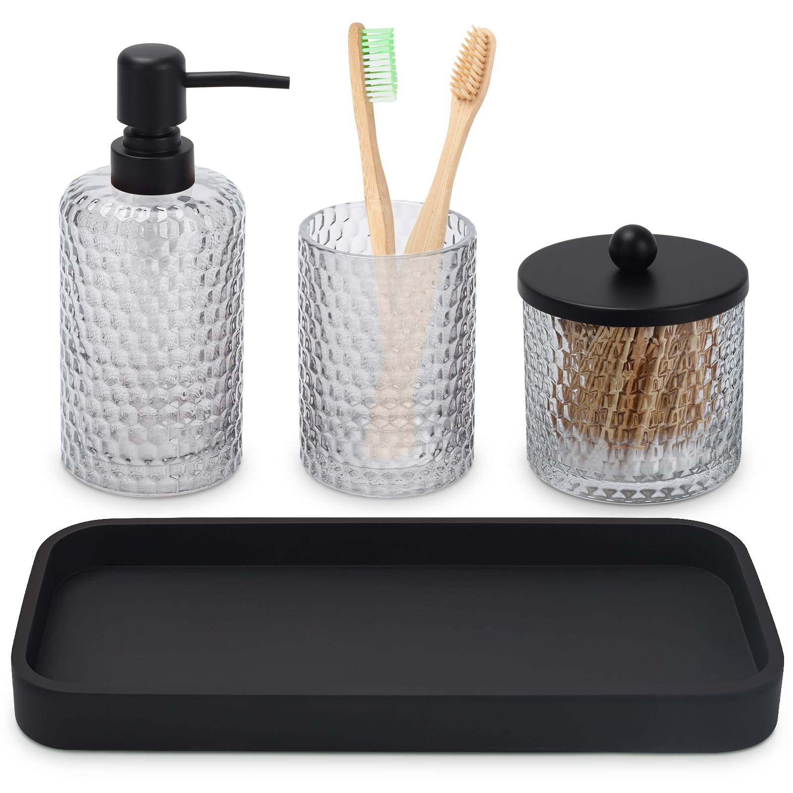 Bathroom Accessory Set,4 Pcs Clear Glass Bathroom Accessories Set-Lotion Soap Dispenser,Toothbrush Holder,Qtip Holder Dispenser & Resin Vanity Tray,Countertop Vanity Organizer,Crystal Clear