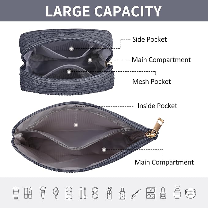 MAGEFY Small Makeup Bag, 2 Pcs Corduroy Makeup Bag for Purse Make Up Organizer Bag Mini Pouch with Slip-in Pockets Aesthetic Preppy Stuff - Black