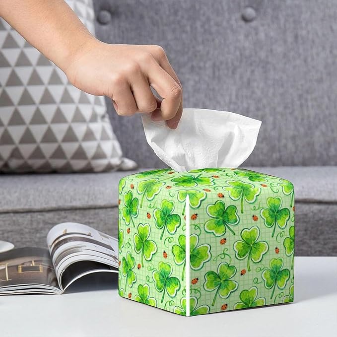 Lucky Clover Tissue Box Cover St. Patrick's Day Leather Tissue Box Holder Square Facial Paper Organizer Dispenser for Bathroom Kitchen Bedroom Vanity Countertop Night Stands