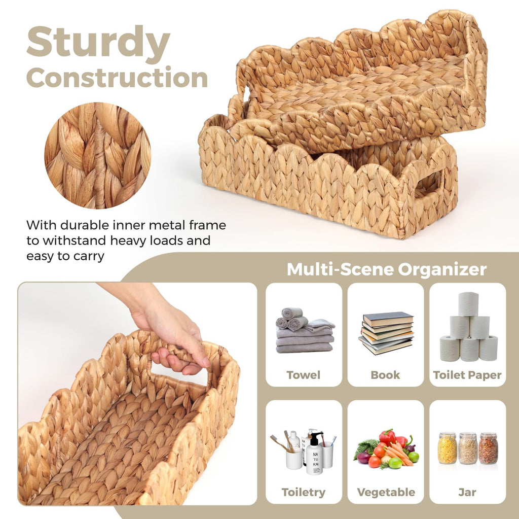 2 Pcs Handwoven Water Hyacinth Scalloped Countertop Storage Basket, Toilet Tank Basket for Bathroom, Scalloped Edge Wicker Rectangle Basket for Toilet Paper Baskets (2, Natural)