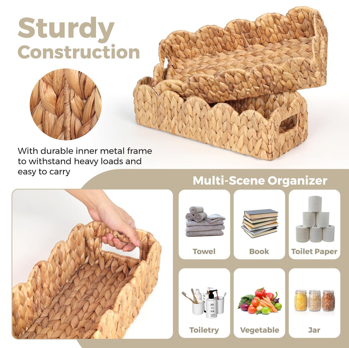 2 Pcs Handwoven Water Hyacinth Scalloped Countertop Storage Basket, Toilet Tank Basket for Bathroom, Scalloped Edge Wicker Rectangle Basket for Toilet Paper Baskets (2, Natural)