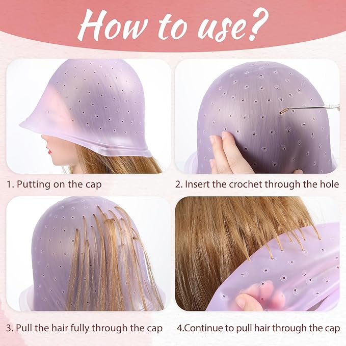 LIQWEI Punched Silicone Highlight Hair Cap with Needle, Professional Reusable Highlighting Poked Hole Caps with Hooks for Color Hair Salon Hairdressing Dyeing Staining Tools for Women Men