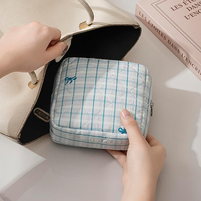 RSRSLEII Small Quilted Striped Cosmetic Pouch for Purse, Mini Cotton Makeup Bag with Compartments, Cute Zipper Lipstick Holder for Women (25 Blue Checkered Stripes)