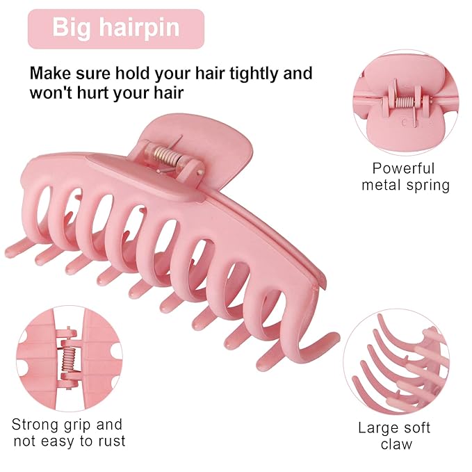 4 Pack Big Hair Claw Clips Nonslip Large Claw Clip for Women and Girls Hair,Strong Hold Grips Hair Accessories 4 Inch Pink)