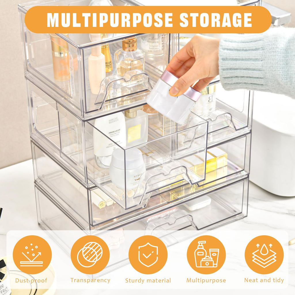 4 Pack Stackable Storage Drawers, Clear Acrylic Organizer, Makeup Organizer