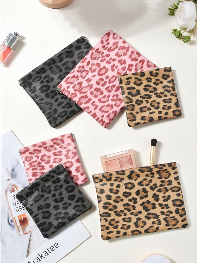 Ksriylm 2 Leopard Leather Small Makeup Pouches Set for Women,Cosmetic Accessories,Waterproof and Portable Cosmetic Bags,Self-closing,No Zipper, Aesthetic Storage Pouch,Lipstick for Purse, Pink