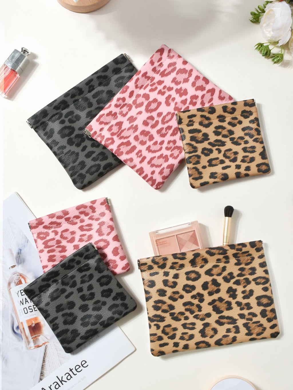 Ksriylm 2 Leopard Leather Small Makeup Pouches Set for Women,Cosmetic Accessories,Waterproof and Portable Cosmetic Bags,Self-closing,No Zipper, Aesthetic Storage Pouch,Lipstick for Purse, Pink