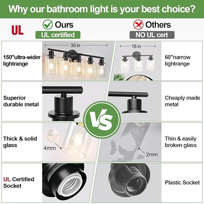 Zarbitta 5-Light Bathroom Light Fixtures, Black Modern Vanity Lights with Clear Glass Shade, Bathroom Wall Lamp for Mirror Kitchen Living Room Hallway Cabinet Porch