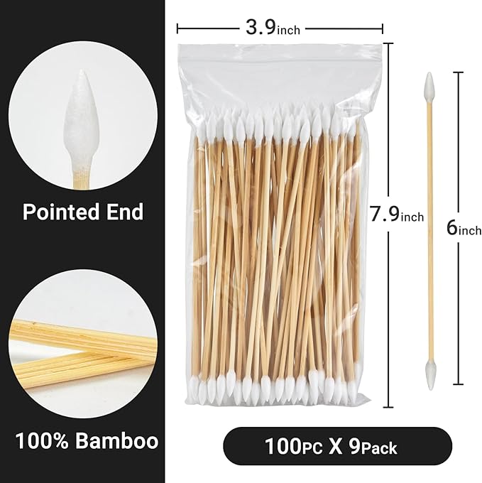 900PCS Double Pointed 6'' Long Cotton Swabs with Durable Stem, Lint- Free Gun Cleaning Swabs Pure Cotton Tips for Gun Maintenance, Makeup, Pet Care, Equipment (1800 Tips)