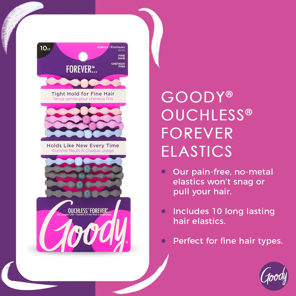 Goody Ouchless Forever Fine Hair Elastics, 10 Ct, Assorted Colors, Damage-Free Bands, 3X Stronger Elastic Ties, Retainable Shape, 16 Strand Inner Core, Styling Accessories for Women & Men