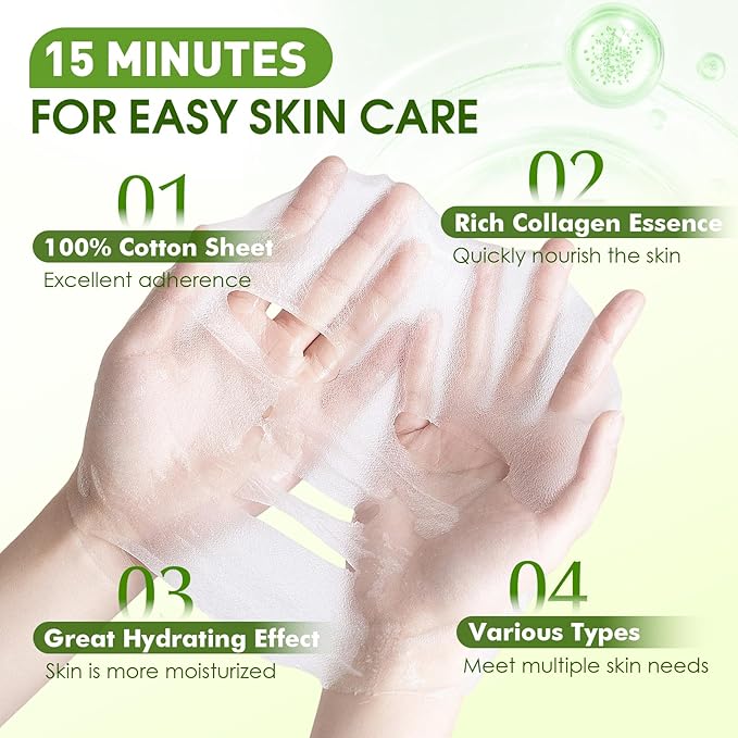 72 Pack Bulk Hydrating Face Masks Skincare, Collagen Sheet Face Mask for Dry, Oily Skin, Spa Gifts for Women Skin Care, Easter Basket Stuffers, Mothers Day Gifts, Teacher Gifts (9 Types x 8 Pcs)