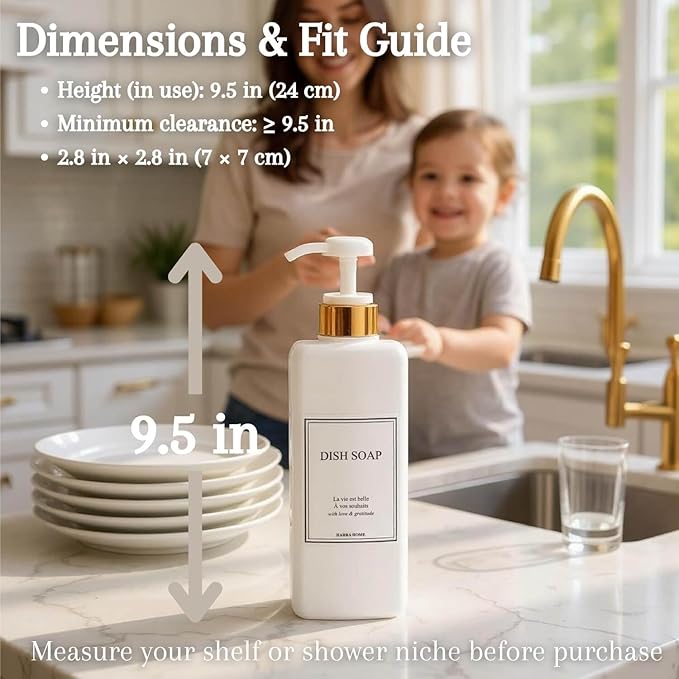 Modern Gold Design Shampoo and Conditioner Dispenser - Large 27oz Shower Soap Dispenser, Set of 3 Refillable Empty Plastic Pump Bottles for Bathroom and Body Wash (6 Waterproof Labels Included), White