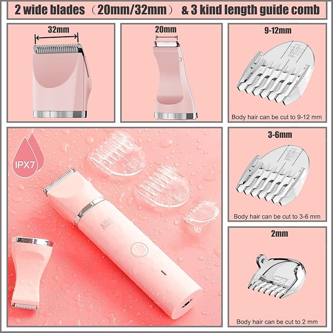 Electric Bikini Trimmer for Women - 2 in 1 Electric Lady Clipper Pubic Hair Groomer Painless Hair Removal Razor Body Shaver, Portable Ladies Shaver with 2 Trimmer Heads, IPX7 Waterproof