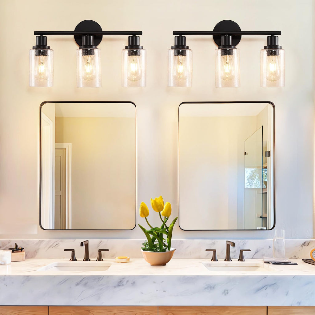 DLLT 3-Light Bathroom Light Fixtures: Black Modern Vanity Lights with 3 E26 Bulbs - Bubbled Glass Shade Bathroom Wall Lamp for Mirror Kitchen Living Room Hallway Cabinet Porch