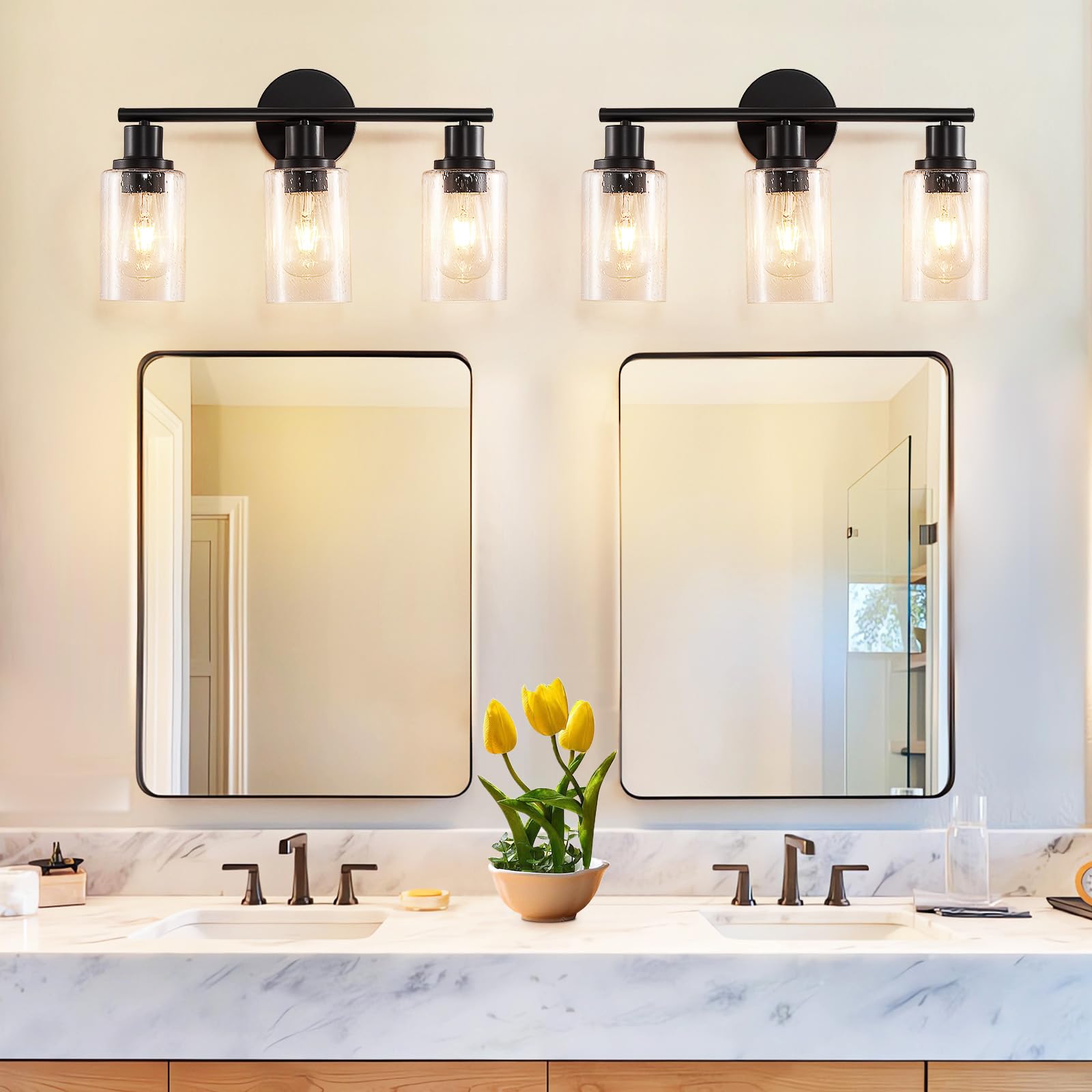 DLLT 3-Light Bathroom Light Fixtures: Black Modern Vanity Lights with 3 E26 Bulbs - Bubbled Glass Shade Bathroom Wall Lamp for Mirror Kitchen Living Room Hallway Cabinet Porch