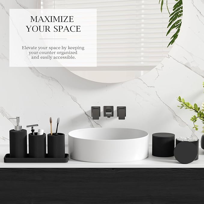 InnJoey 6-Piece Black Bathroom Set - Mesh Textured Resin Bathroom Accessories Set with Soap Dispenser, Toothbrush Holder, Cup, Vanity Tray & Apothecary Jars for Small Spaces