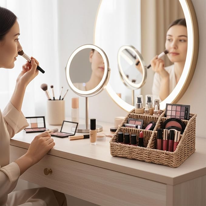 Makeup Organizer, Hand-woven Wicker Basket for Dresser Vanity and Bathroom Countertop, 6 Compartment Skincare Organizer Cosmetic Display Case, Beauty Holder for Lipstick Brush Eyeshadow Palette