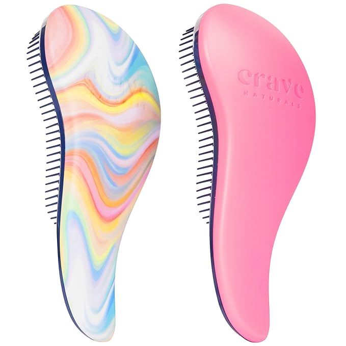Crave Naturals Glide Thru Detangler Brush Pack of 2 - Curly Hair Brush for Women and Kids - Wet and Dry Comb for Adults - Soft Flexible Bristles for Gentle Use - Pink and Soft Hazy Swirl