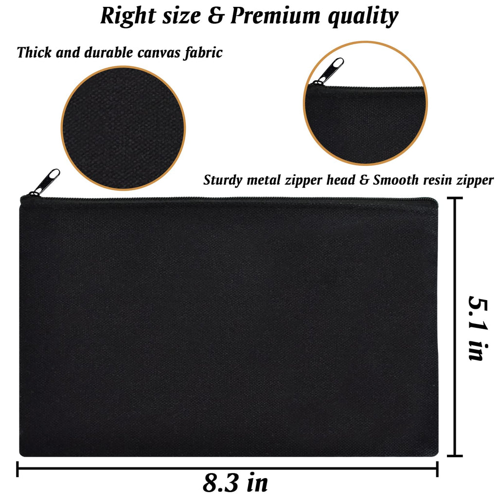 ZeeDix 24 Packs Black Canvas Pouch- Multi-purpose Cosmetic Bag with Zipper, Blank DIY Craft Canvas Zipper Pouch bulk, Travel Toiletry Bag, Daily Use Storage Bag (8.3 x 5 inches)