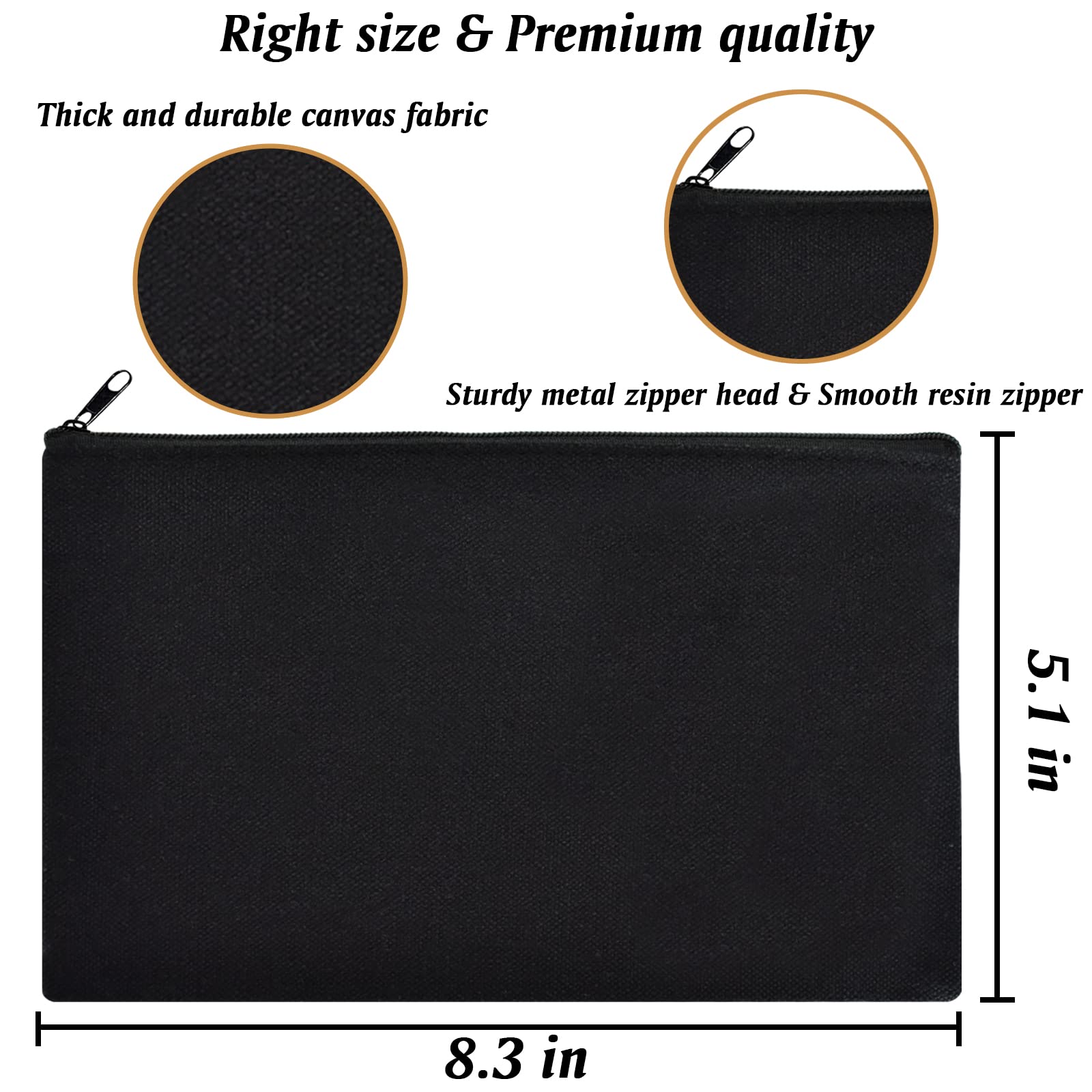ZeeDix 24 Packs Black Canvas Pouch- Multi-purpose Cosmetic Bag with Zipper, Blank DIY Craft Canvas Zipper Pouch bulk, Travel Toiletry Bag, Daily Use Storage Bag (8.3 x 5 inches)