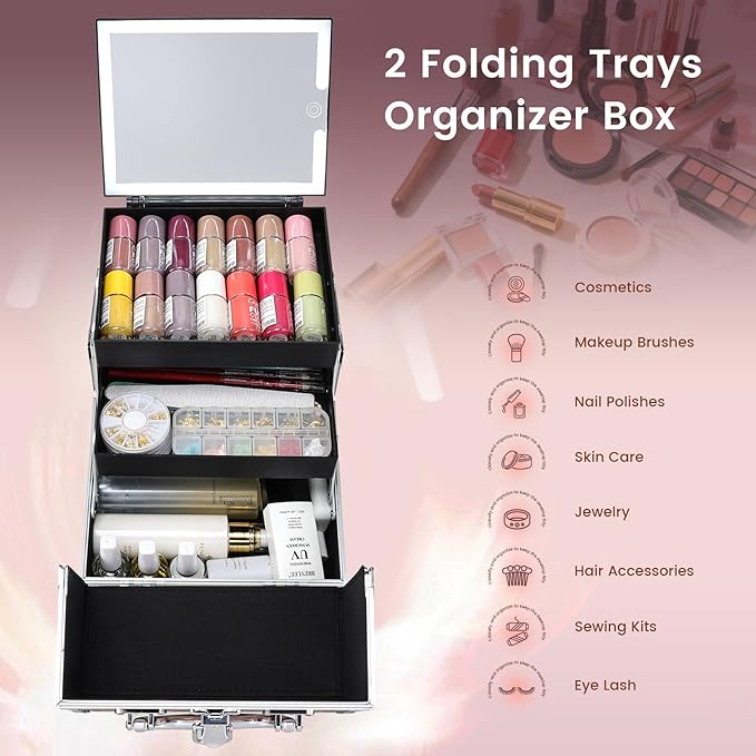 Faquenc Makeup Case with Lighted Mirror - Shiny Gold Hard Makeup Train Case with 3-Color LED Mirror, Portable Makeup Organizer Box for Women & Travel, Aluminum Cosmetic Case with Lock
