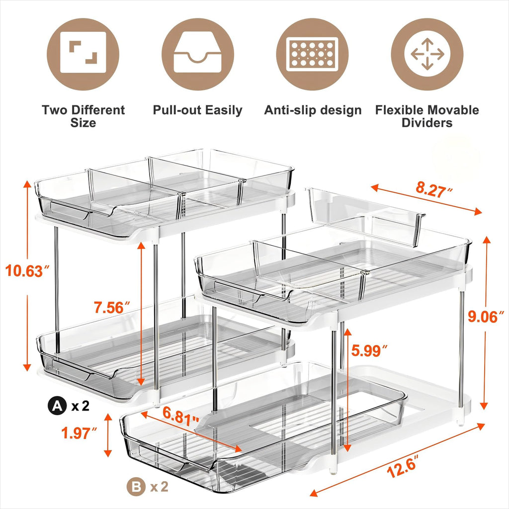 Delamu 2-Tier Multi-Purpose Bathroom Under Sink Organizers and Storage, Stackable Kitchen Pantry Organization, Pull Out Medicine Cabinet Organizer with Movable Dividers, Grey, 4 Pack