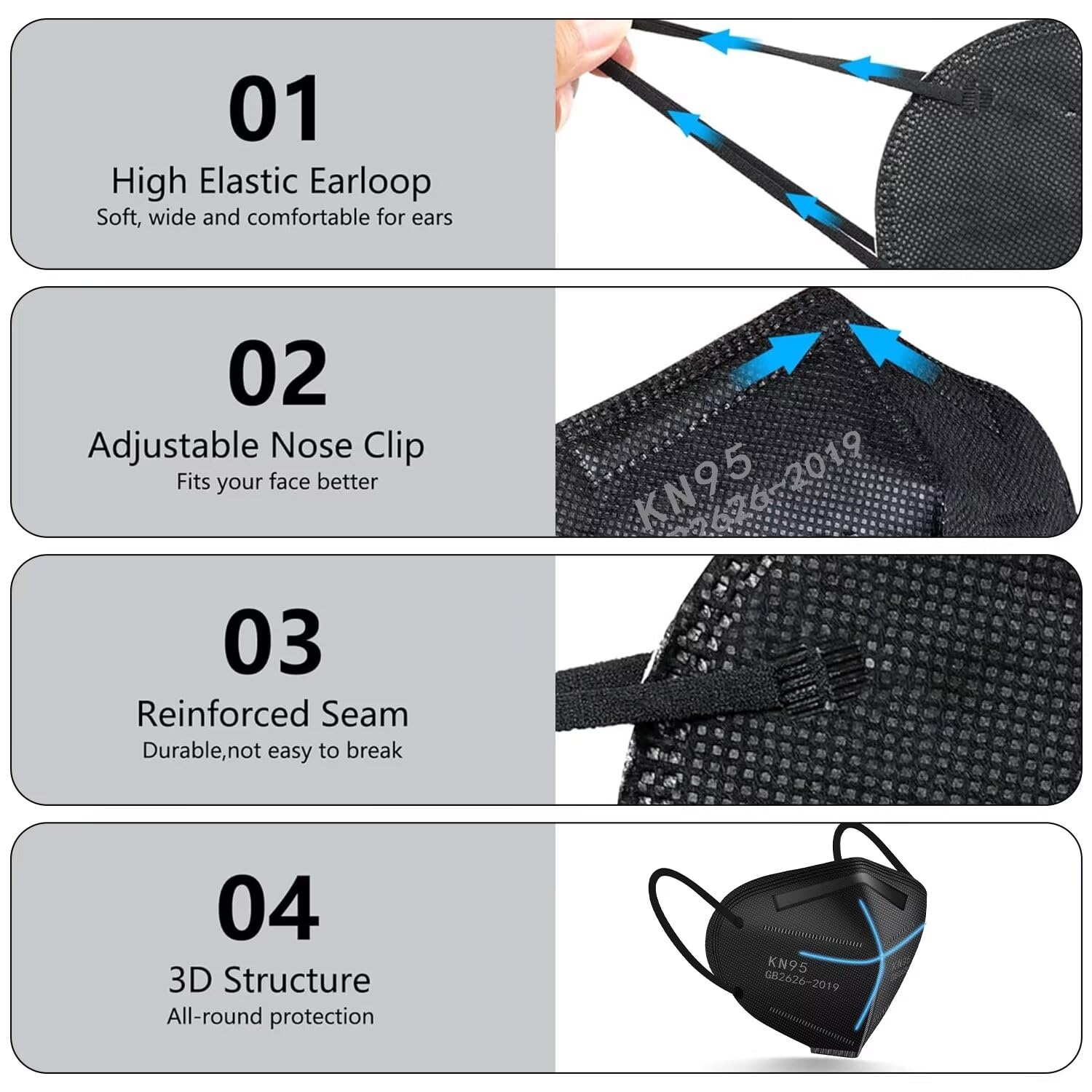 SDIW 100PCS KN95 Face Masks 5 Layer Masks Filter Efficiency≥95% with Elastic Ear Loop and Nose Bridge Clip Breathable Face Mask Grey