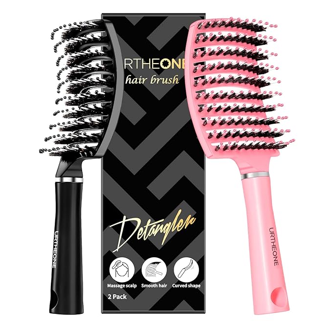 Hair Brush,URTHEONE Detangling Hairbrush Boar Bristle Curved Vented Hair Brush for Women Men Kids Curly Thick Long Short Wet or Dry Hair, Faster Blow Drying(2Pack, Black&Pink)