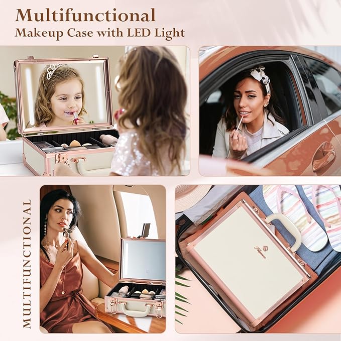 Faquenc Makeup Train Cases with Light Up Mirror 3 Color Setting, Lighted Makeup Case Organizer with Detachable Tray, Travel Makeup Box with Light for Make up Tools Storage (White & Gold)