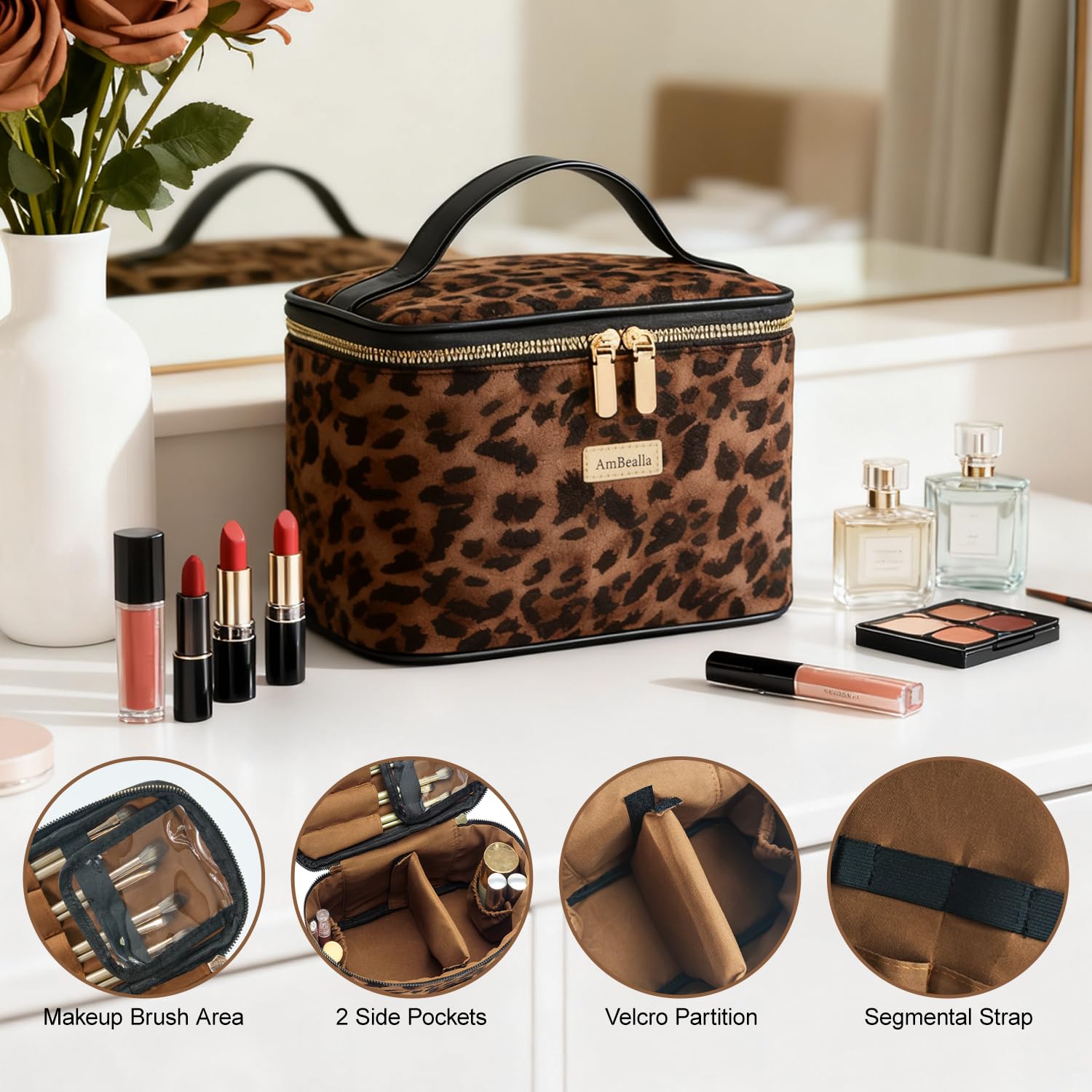 AmBealla Large Makeup Travel Bag Cosmetic Bags with Makeup Mirror and Brush Holder,Makeup Organizer Leopard Print for Women,Portable Toiletry Bag for Fashion Girls