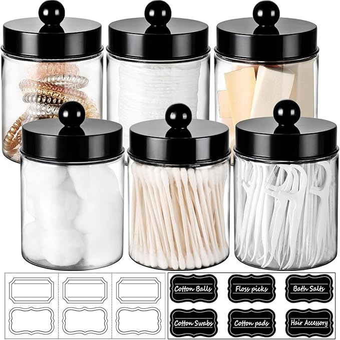 6 Pack Qtip Holder Dispenser - Acrylic Apothecary Jars with Lids for Bathroom Plastic Vanity Storage Accessories, Countertop Organizers Farmhouse Decor Canister for Cotton Swabs,Makeup Sponges