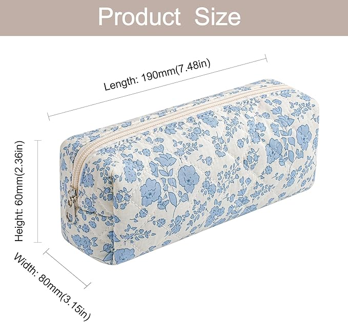 WHHJM Cute Floral Makeup Brush Bag Small Cotton Quilted Cosmetic Bag for Women Travel Toiletry Zipper Make Up Pouch (Two Pack: (Blue + Pink Floral)