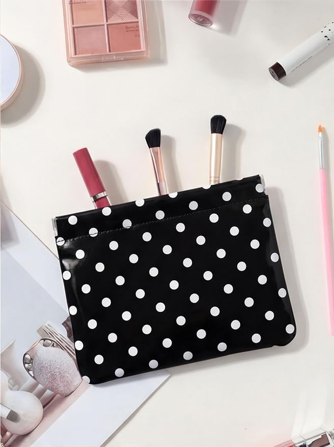 Ksriylm Dots Leather Makeup Pouch Set for Women Small Make Up Bag for Purse Waterproof Initial Makeup Cosmetic Bags Pouches for Purse Aesthetic Travel Toiletry Bag,Black White