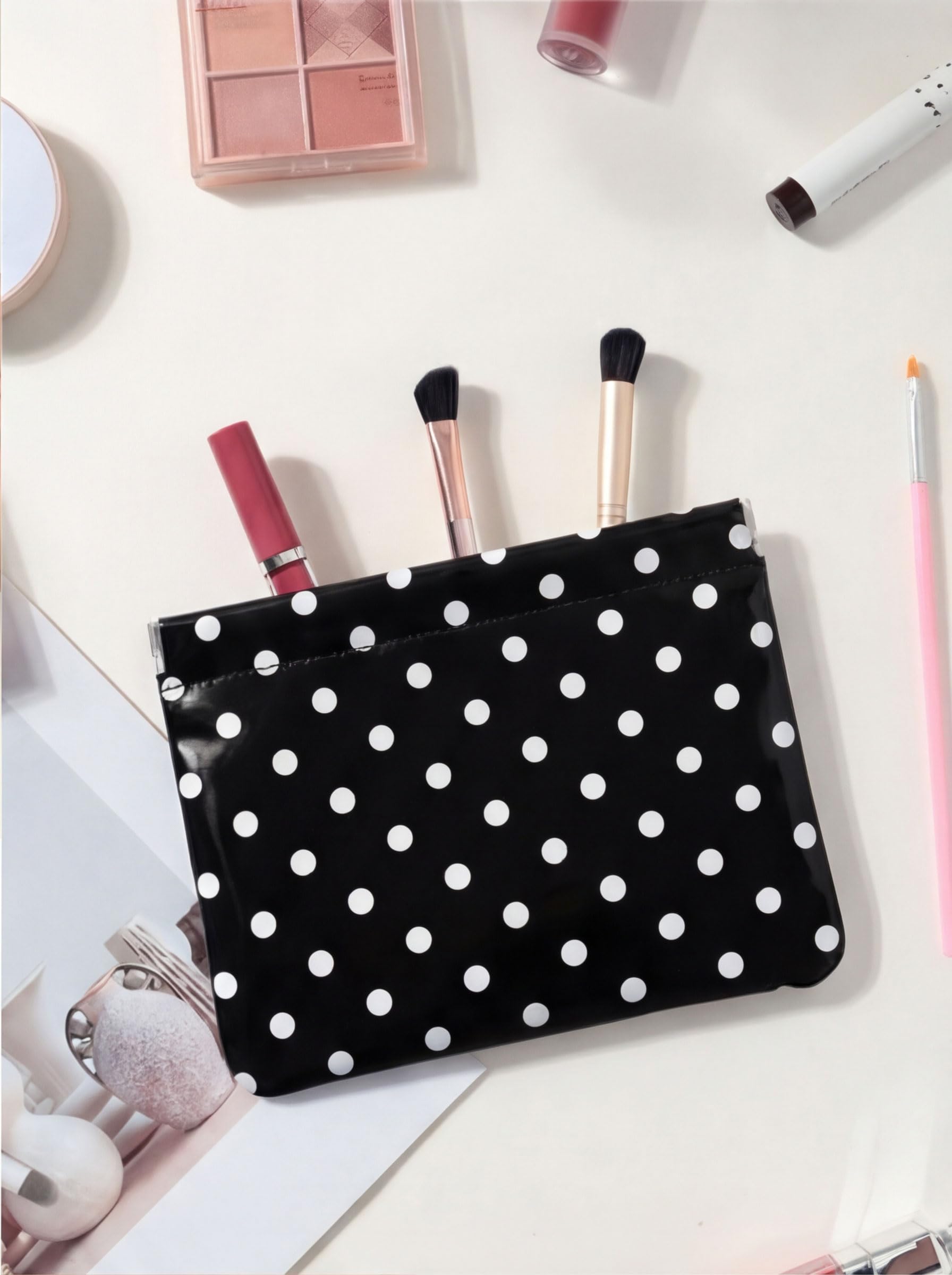 Ksriylm Dots Leather Makeup Pouch Set for Women Small Make Up Bag for Purse Waterproof Initial Makeup Cosmetic Bags Pouches for Purse Aesthetic Travel Toiletry Bag,Black White