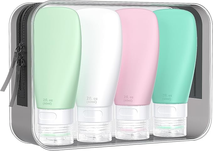 INSFIT Travel Bottles for Toiletries, TSA Approved 2oz Leak Proof Silicone Squeezable Containers, BPA Free Refillable Vacation Essentials for Shampoo Body Wash Liquids (4 Pack)