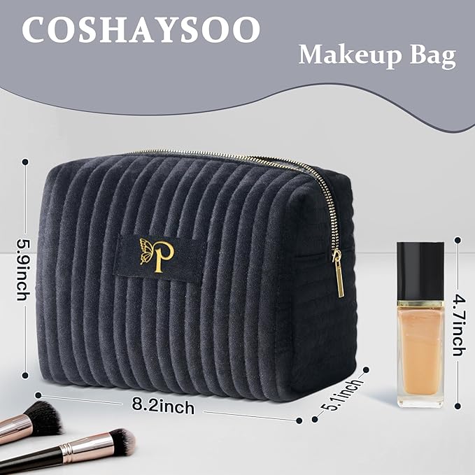 COSHAYSOO Travel Makeup Bag Quilted Make Up Pouch Initial Cosmetic Case with Butterfly Decorations for Women Lipstick Glossier Lipgloss Lip Stain Moisturizer Mascara Eyeliner Organizer Black Letter P