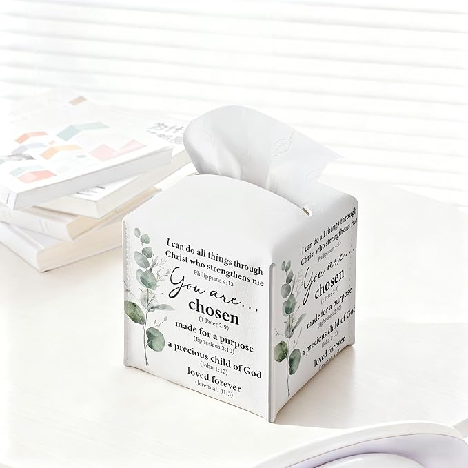 Inspirational Christian Tissue Box Cover Square, You are Chose Leather Tissue Box Holder, Religious Gifts for Women, Eucalyptus Paper Facial Tissue Box Covers Cube for Office Bathroom Home