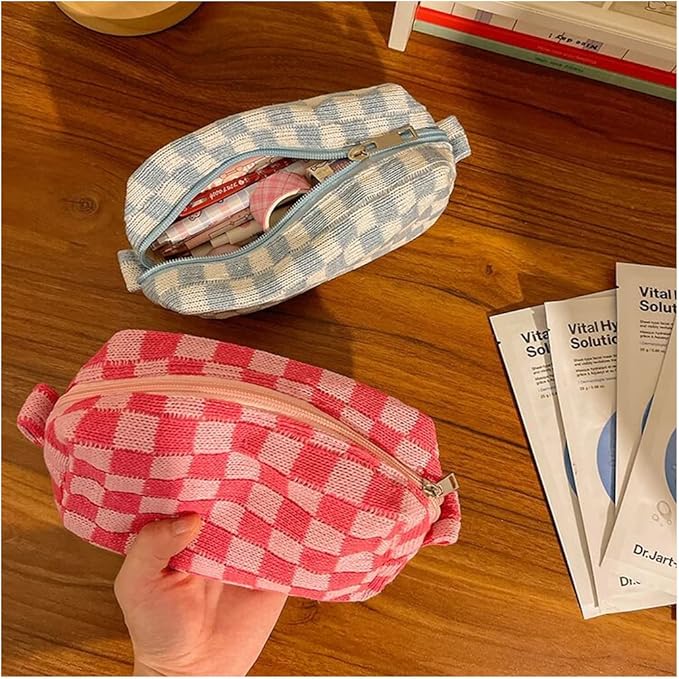 SxoSyo 2 Pcs Checkered Cosmetic Bags, Make up Brushes Cases, Blue
