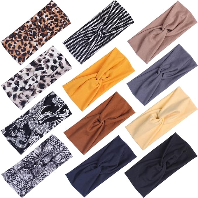 XTREND 12 Pcs Women's Headbands Twisted Cross Elastic Head Bands Yoga Workout Hairbands Non-Slip Sweat Soft Headband Solid Color Simple Versatile Hair Accessory Head Band