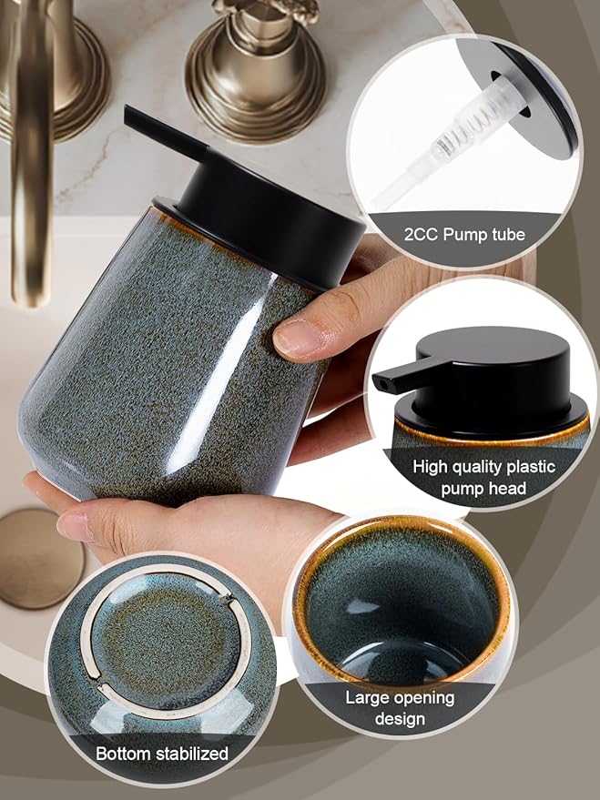 INGOFIN Ceramic Lotion Dispenser - 12 oz Refillable Hand Soap Dispenser Bathroom, Modern Liquid Dispenser with Pump, Dish Soap Dispenser for Kitchen,Kiln-Glazed Blue-Green