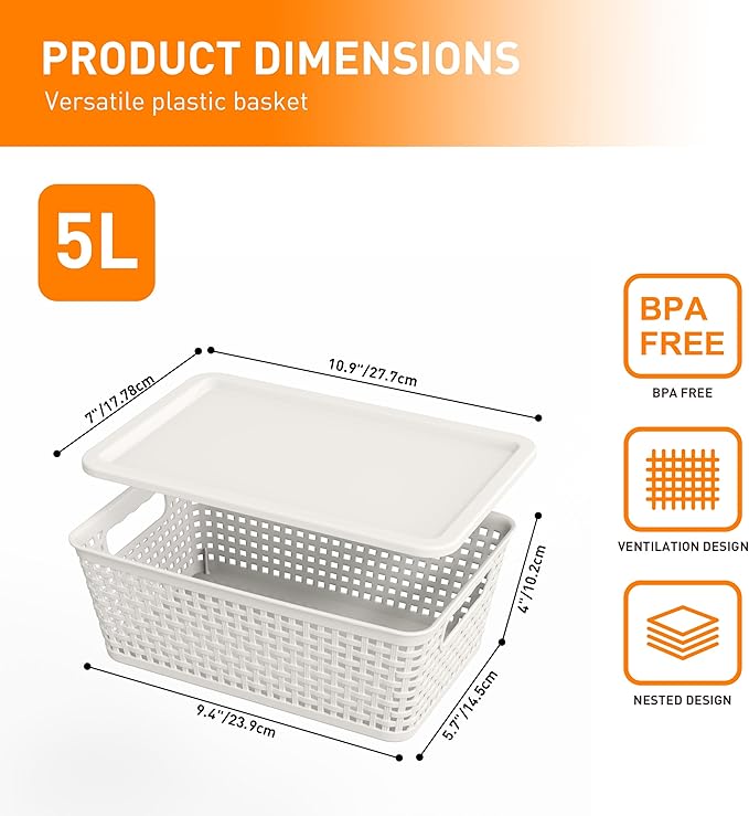 Anywish Plastic Storage Baskets With Lid, Storage Bins for Organizing, Stackable Decorative Containers for Shelves Drawers Desktop Closet Playroom Classroom Office, 10 Pack-White