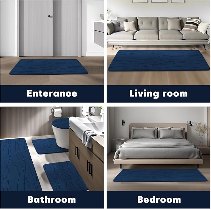 YIHOUSE Bathroom Rugs Set 3 Piece, Memory Foam Bath Mat Navy Blue
