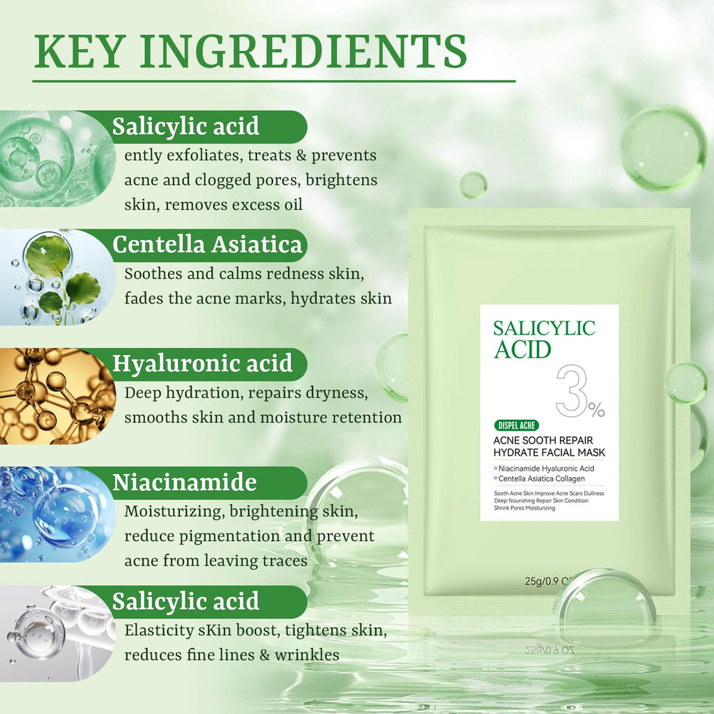 YTRAJU Anti Acne Face Mask Salicylic Acid Face Masks Skincare, Hydrating Face Masks, Soothing Facial Sheet Masks Skin Care for Acne Prone, Acne Mask for Pimple Breakouts Oil Control, 10 Pack
