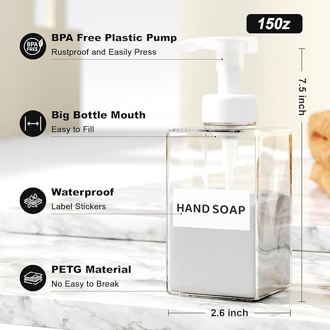 Kzeirm Foaming Soap Dispenser for Bathroom & Kitchen 15 Oz, Refillable Foam Hand Soap Dispenser for Liquid Soap, 2Pcs Foam Pump Bottle with Waterproof Labels, Clear